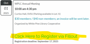 Screenshot of 2025 Annual Meeting event page. The text "Click here to register via Fillout" is highlighted in yellow.